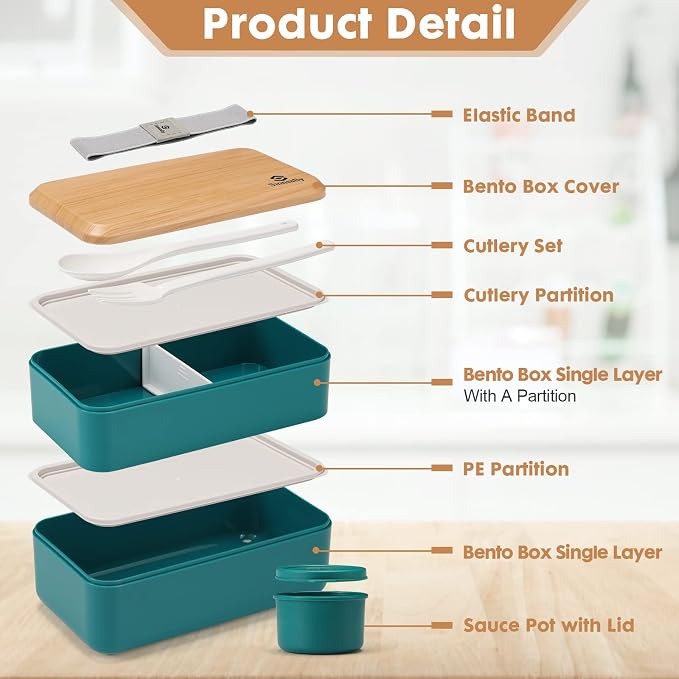 Sinnsally 1400 ml Stackable Bento Lunch Box with Utensil Set