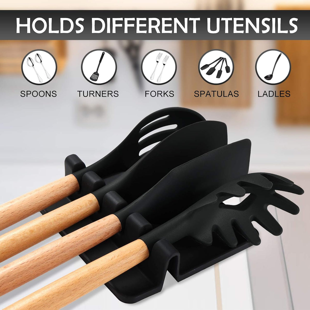 Sinnsally Silicone Utensil Rest with 4 Slots - Black product image